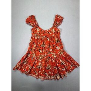 Free People Floral Mini Dress Orange Tan Linen Blend Smocked Back Small